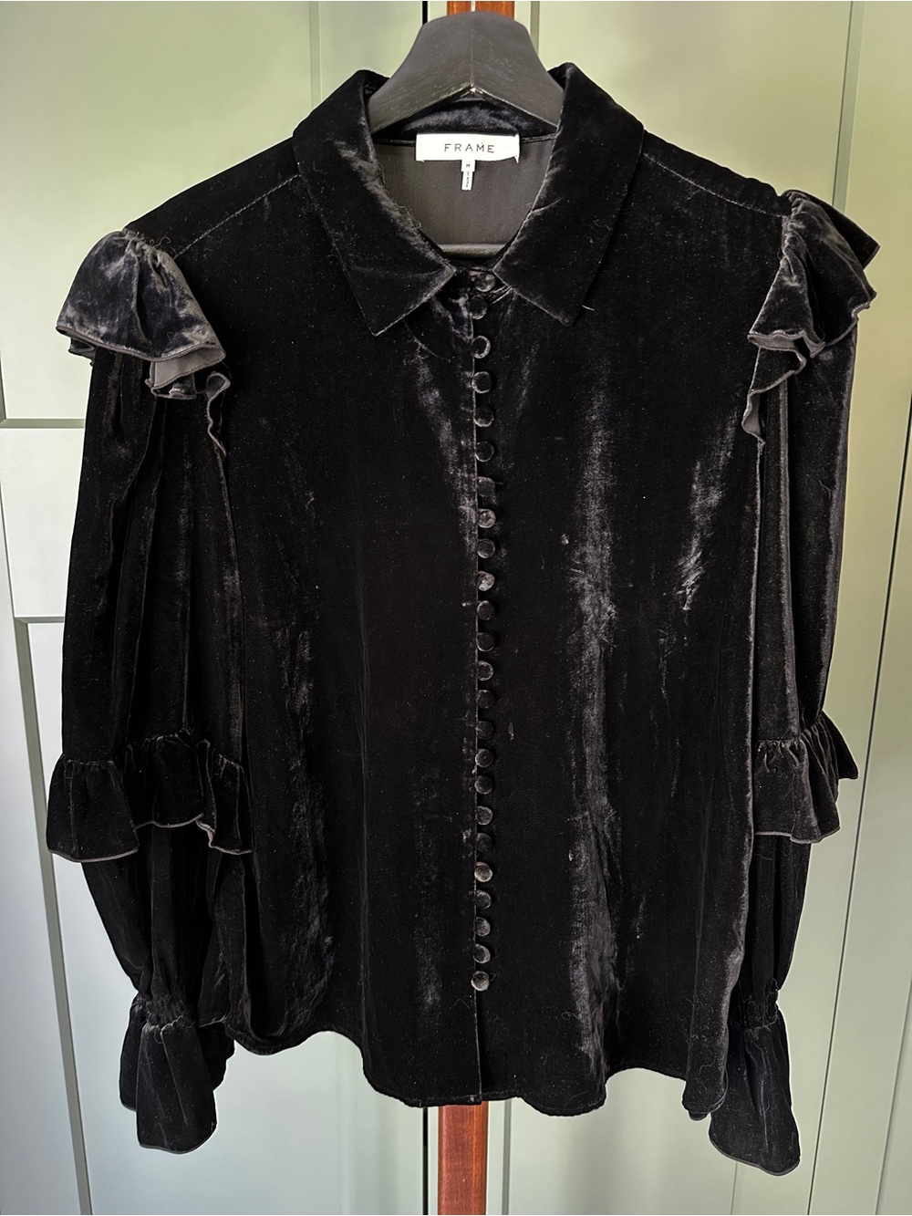 Frame Black Velvet Ruffle Button-Down Blouse - Picture 2 of 8
